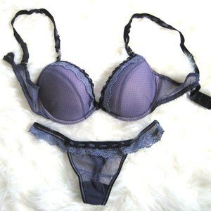 Purple Black Polka Dot Lace Padded Demi Bra Thong Set, Convertible Straps, 36B L